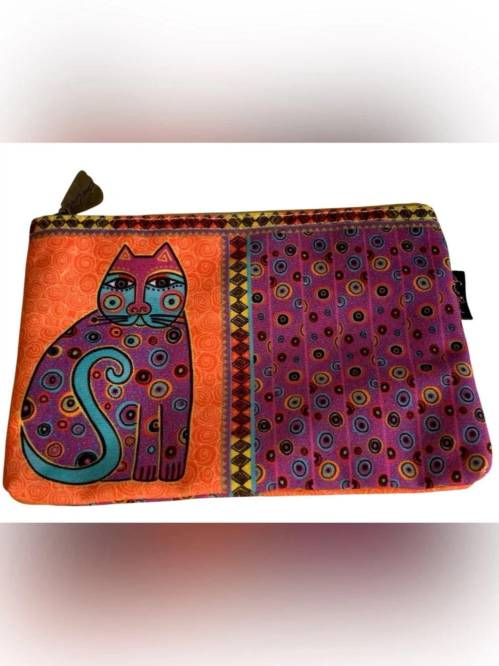 NWT Laurel Burch Cat Circles & Dots Canvas Cosmetic Bag Vibrant Colorful